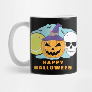 Happy Tennis Halloween - Spooky Skull and Pumpkin Mug